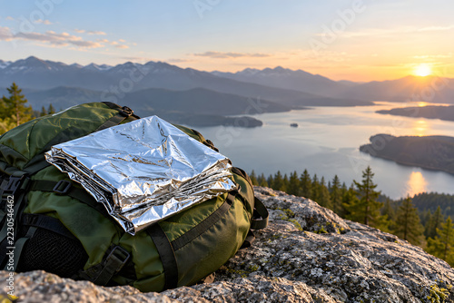 Folded Emergency Blanket on Hiking Backpack Overlooking Mountain Lake