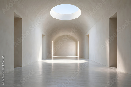 Minimalist Vaulted Corridor with Circular Skylight and Sunlit Floor