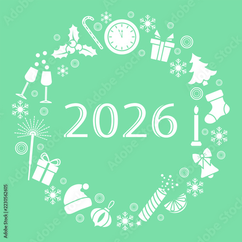 New Year 2026 festive icons in circular arrangement with holiday symbols on green background