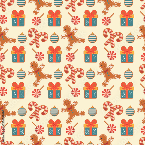 Christmas pattern with gingerbread cookies, candy canes, gifts, and festive ornaments