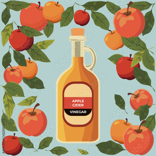 Apple cider vinegar bottle surrounded by apples and leaves on light blue background