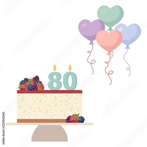 80th birthday cake with berries and pastel balloons floating, ideal for celebration background