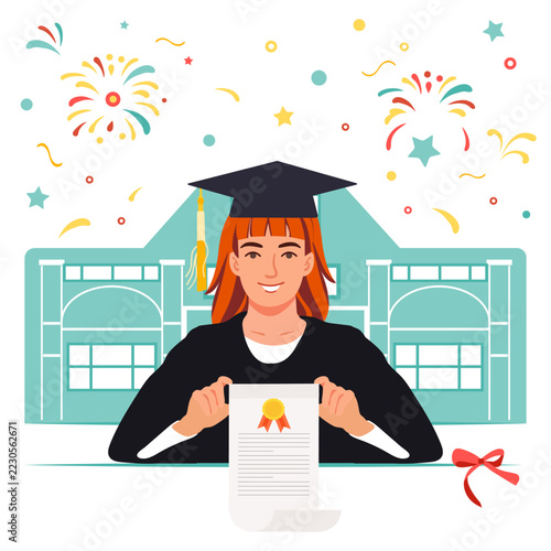 Graduation celebration with student holding diploma, fireworks in background, and festive atmosphere