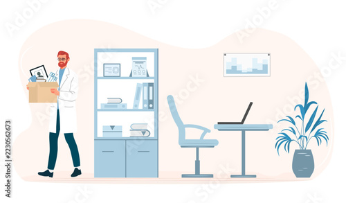 Office man leaving with personal belongings in box, concept of job change or resignation