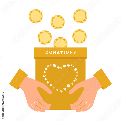 Donation box with falling coins and illustrations of hands and heart made of paw prints