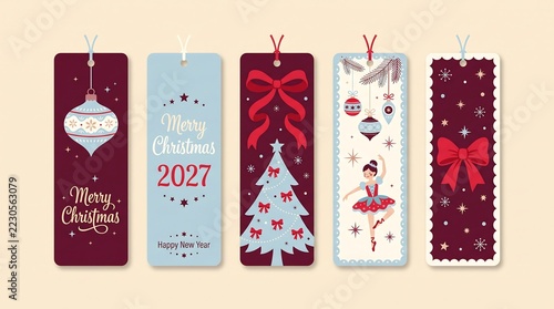 Festive Christmas and New Year 2027 Bookmark and Gift Tag Set