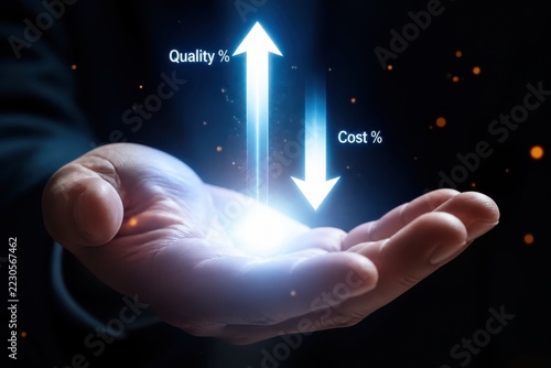 Hand holding glowing light symbolizing increased quality and reduced cost for business