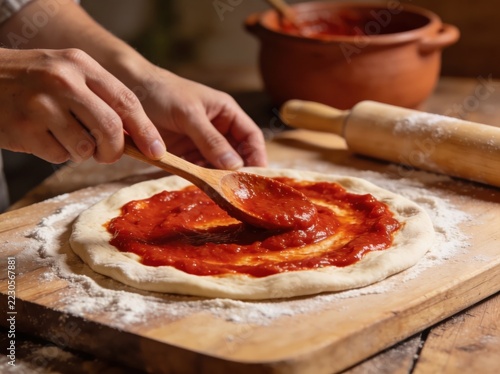 Hands spreading tomato sauce on a freshly made pizza dough on wooden board