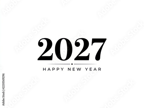 Happy New Year 2027 elegant serif typography design with simple black text on a white background