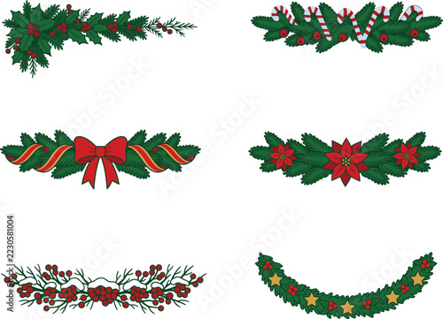 Christmas Evergreen Garland Clipart Set With Red Berries Poinsettia Flowers Festive Ribbons And Bow Accents For Holiday Cards Banners And Seasonal Decorations