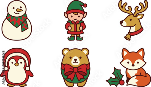 Cute Christmas Character Vector Set With Snowman Elf Reindeer Penguin Bear And Fox Wearing Festive Accessories For Holiday Cards Stickers And Winter Designs