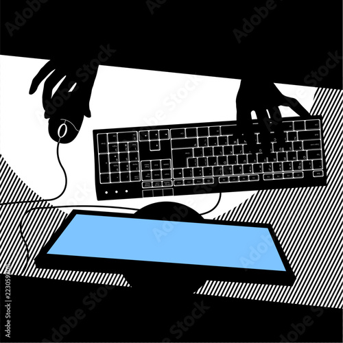 Black-and-white flat-style graphic: a silhouette of hands, a computer keyboard, a computer mouse, and a blue monitor screen on a desk. Vector illustration