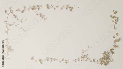 Tiny speck sparking twining vines unfurling on cream paper backdrop, forming plant frame with buds