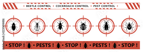 Pest control. Icon set. Insect repellent emblem. Isolated prohibition and warning signs about harmful insects, cockroaches, ticks, beetles. Pest and insect control in the home. Isolated. Vector 