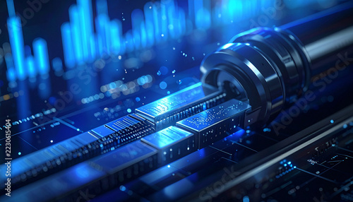 Futuristic Data Connection: Abstract digital art showcasing a glowing blue data cable or fiber optic connection.