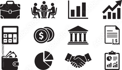 Set of black silhouette business icons featuring financial and office administration symbols