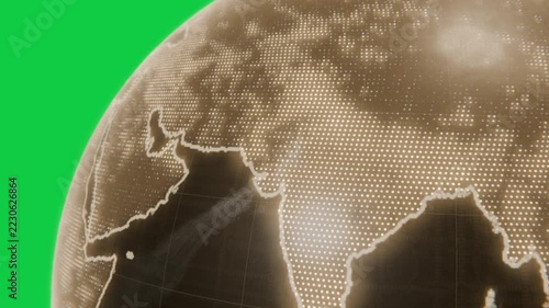 Tight zooming out glass globe spinning halo rising smoke drifting showing India on transparent bg