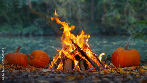 Burning campfire close up view with glowing charcoals and pumpkins on leaf covered river bank autumn Halloween mood
