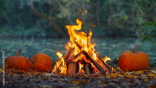 Autumn bonfire with bright dancing flames near orange pumpkins on river shore in forest twilight cozy Halloween ambiance