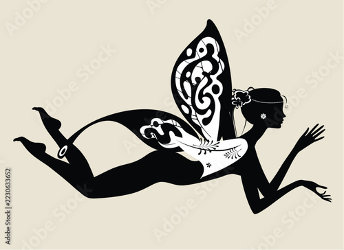 Black-and-white flat graphic: an isolated black silhouette of a young fairy with butterfly wings in flight. Vector illustration