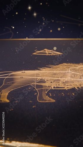 Vertical video: Dim lights sparking wireframe wolf rising on grid to reveal star map, flare tracing