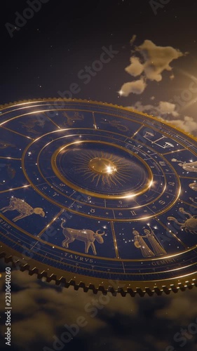 Vertical video: Pulling back camera, zodiac wheel rotating above clouds, showing glowing gold dome