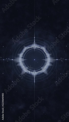 Vertical video: Brightening central node driving data visual pulsing in deep space with ring spikes