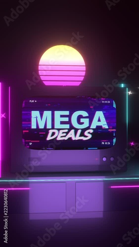 Vertical video: CRT TV responding to pulsing synth sun, displaying MEGA DEALS graphic on neon stage