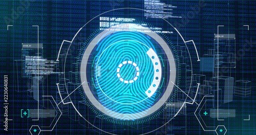 Displaying central biometric fingerprint scanner glowing on security HUD, showing concentric rings
