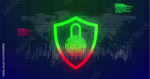 Pulsing shield emblem glowing on cyber dashboard, showing padlock, fingerprint rings
