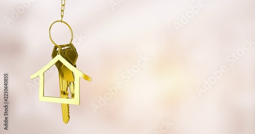 Hanging gold keys and house charm keychain glinting against pastel studio backdrop, copy space