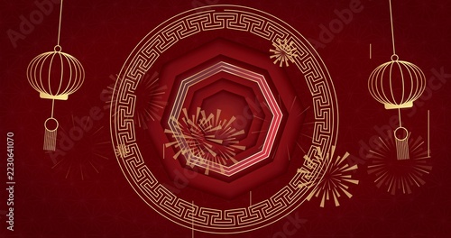 Displaying central emblem with gold Greek-key frame, octagons and fireworks on festive backdrop
