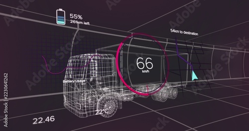 Showing wireframe semi-truck moving in purple HUD tunnel, displaying speed 66 km or h and battery 55