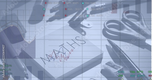 Showing lined MATHS sheet on desk, with compass, pen, scissors, pad, stapler, line chart overlay
