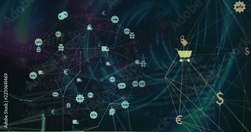 Displaying node graph connecting shopping cart, euro and dollar symbols in digital interface