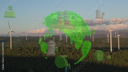 Alternative Energy. Wind farm. Aerial view of horizontal-axis wind turbines generating electricity Wind energy. Clean renewable energy technologies. Wind power plants. Animated visualization concept