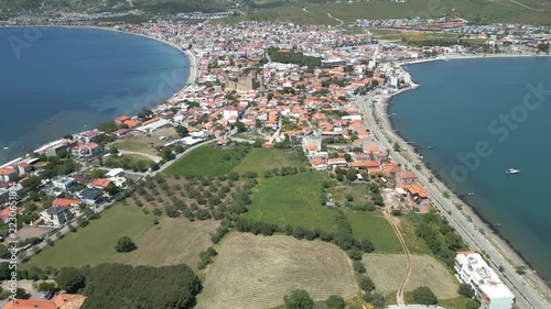 Aerial View of Candarli Peninsula and Coastal Town with Turquoise Aegean Sea, Izmir, Turkey. High quality 4k footage