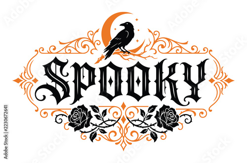 A beautifully ornate halloween design featuring a raven crescent moon and spooky floral elements