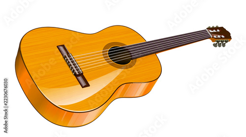 Obraz na plátně Isolated elegant acoustic guitar with natural wood texture, a classic musical st