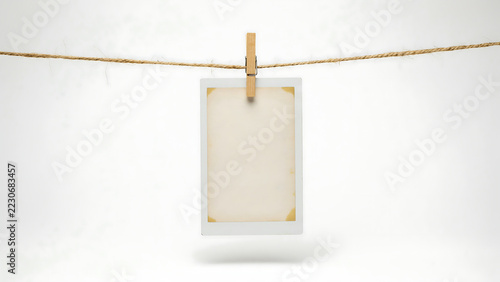 Blank vintage instant photo print hanging on a rope with a wooden clothespin against a clean white background, offering copy space for memories or messages.