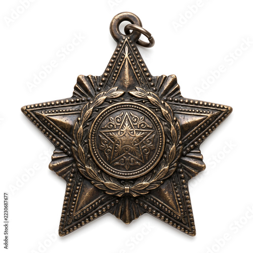 Antique Bronze Star Medal Isolated on White Background, Vintage Military Award or Commemorative Decoration