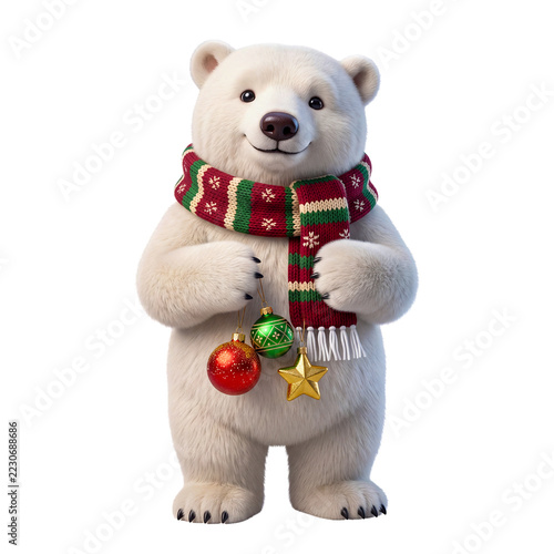 3D polar bear holding Christmas ornaments isolated on white