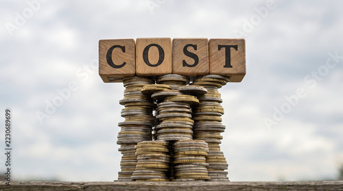 Wooden blocks spelling 'COST' supported by tall stacks of coins, symbolizing financial expenses, economic burden, and the value of money.