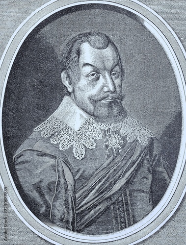 Axel Gustafsson Oxenstierna af Södermöre, Count of Södermöre, 16 June 1583, 28 August 1654, was a Swedish statesman who became a member of the Swedish Privy Council in 1609 and served as Supreme Chancellor of Sweden from 1612 until his death, digital improved reproduction of an original 19th century print