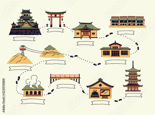 Japan Travel Map with Famous Landmarks and Dotted Route on Light Background