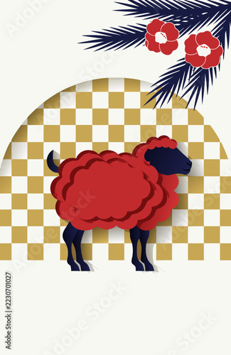 Red Sheep with Camellia Flowers Under a Gold Checkered Arch, Japanese Greeting Postcard