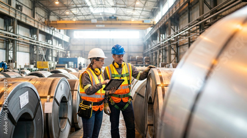 Male and female industrial workers wearing safety gear and hard hats using a digital tablet to inspect large rolled steel coils inside a heavy industry manufacturing plant warehouse.