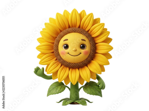 Smiling 3D Cartoon Sunflower Character Waving Hand - Adorable Mascot for Children's Content