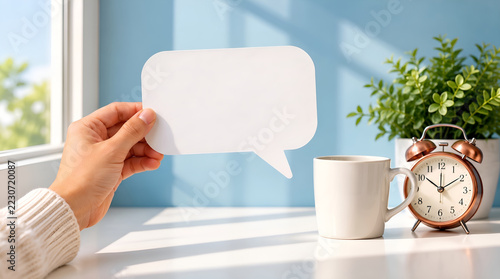 Hand holding a blank speech bubble mockup on a sunny morning desk with coffee cup and alarm clock