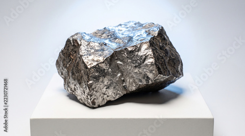 Asteroid fragment on white surface showing rough metallic stone with silver texture and dramatic studio lighting